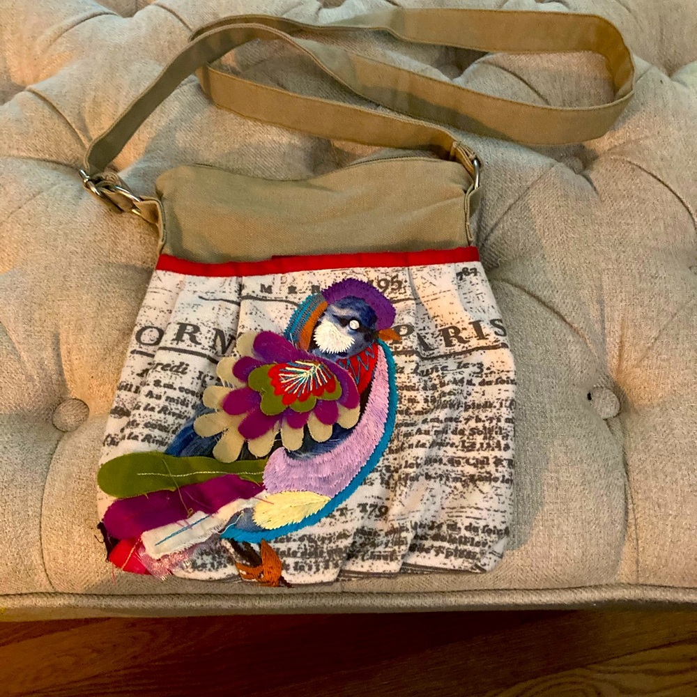 Vintage, sweet, colorful bird appliqué shoulder purse